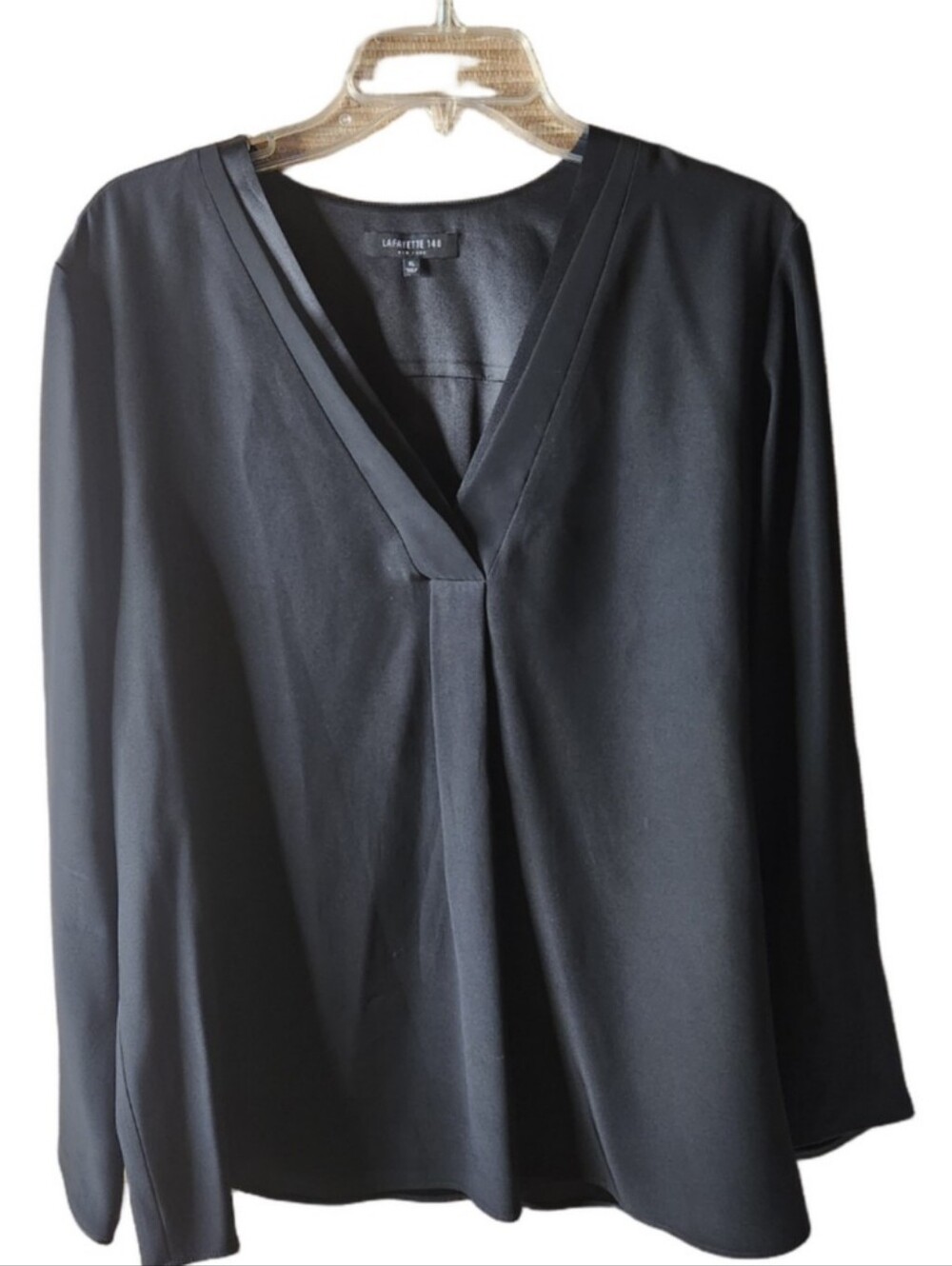 Lafayette 148 New York Black V-Neck Long Sleeve Silk Blouse Size XL